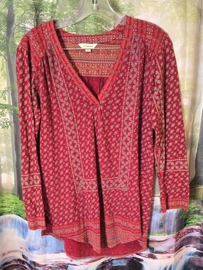 Lucky Brand Red Printed V‑Neck Tunic Top